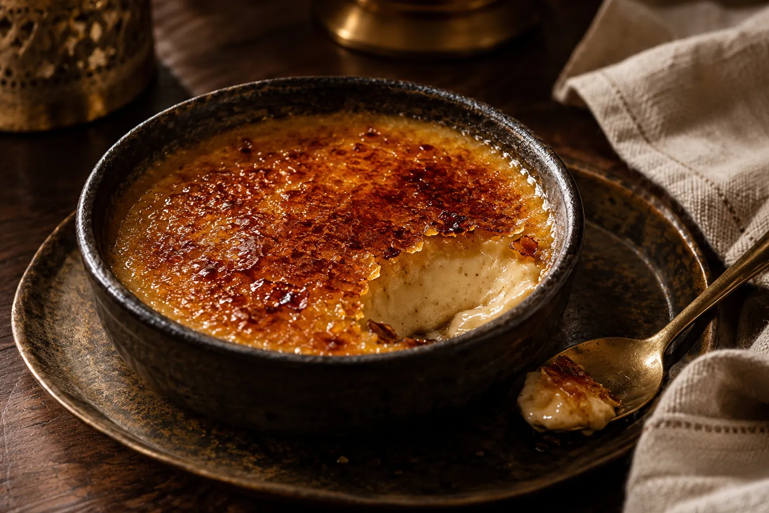 Gula Melaka crème brûlée with a golden caramelized crust — AI concept image