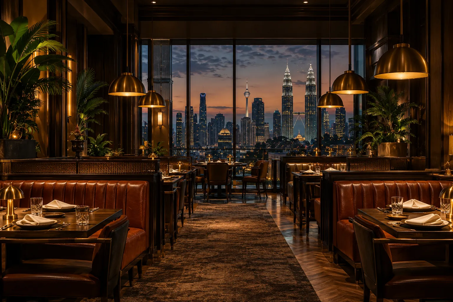 Imagined walnut dining room with cognac booths and warm brass lamps — AI concept image