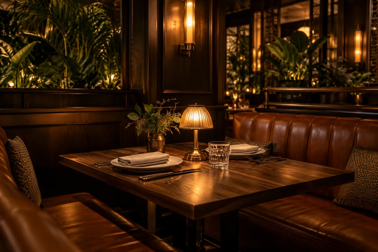 An intimate table for two with ivory plates and a warm table lamp — AI concept image