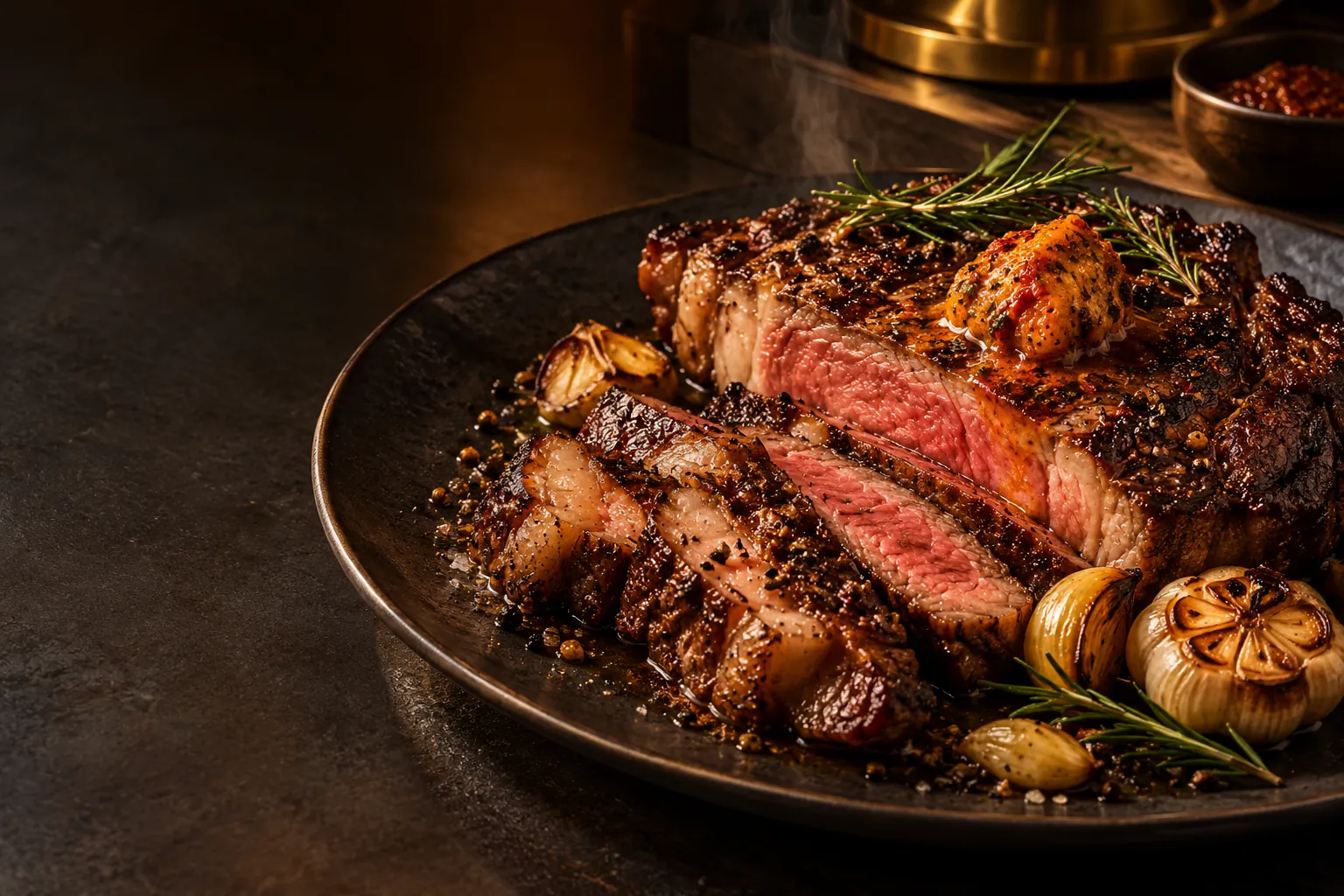 Sliced chargrilled ribeye with melting sambal butter, garlic and rosemary — AI concept image