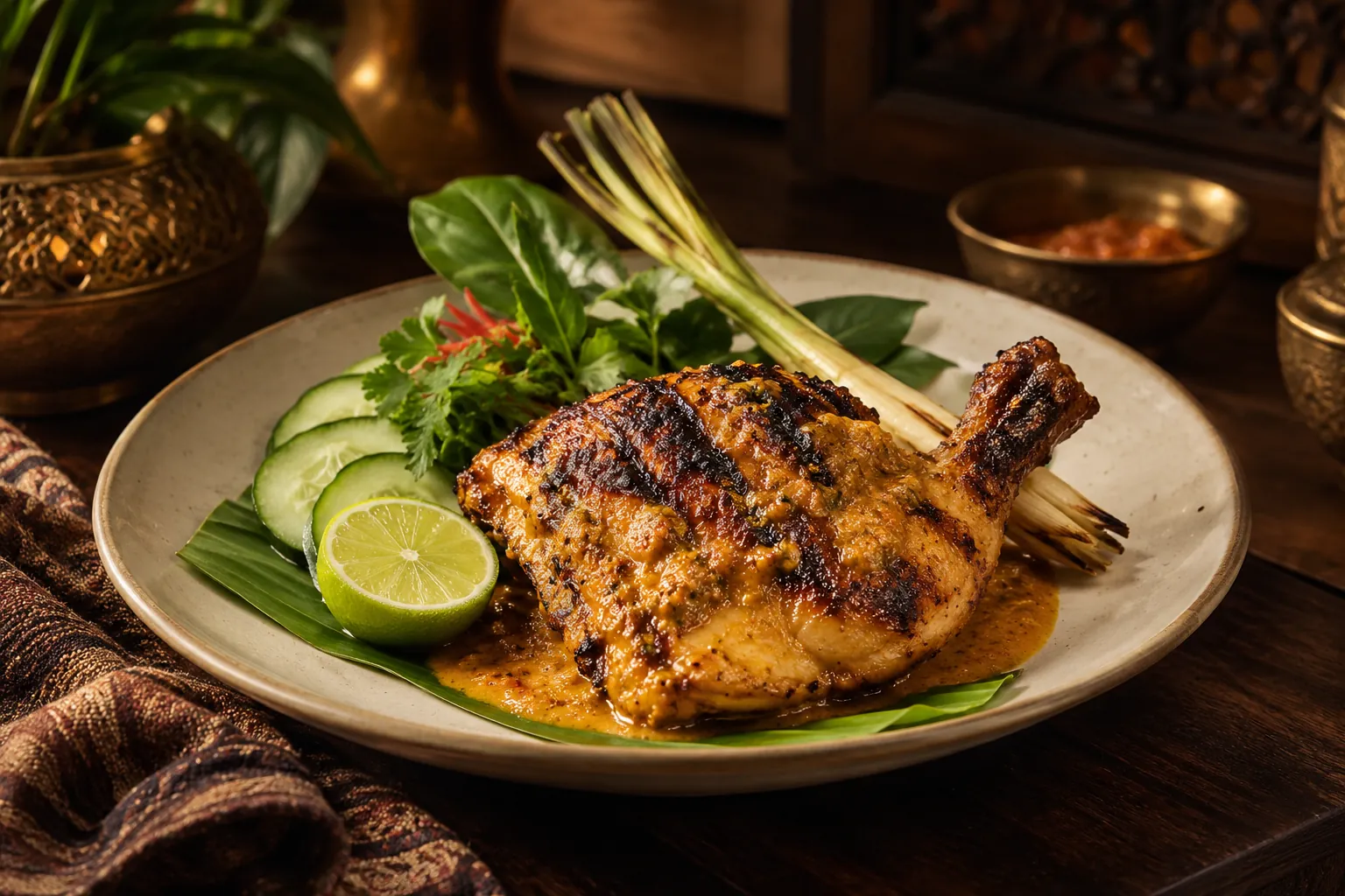 Charcoal-grilled chicken with golden coconut percik sauce and lime — AI concept image